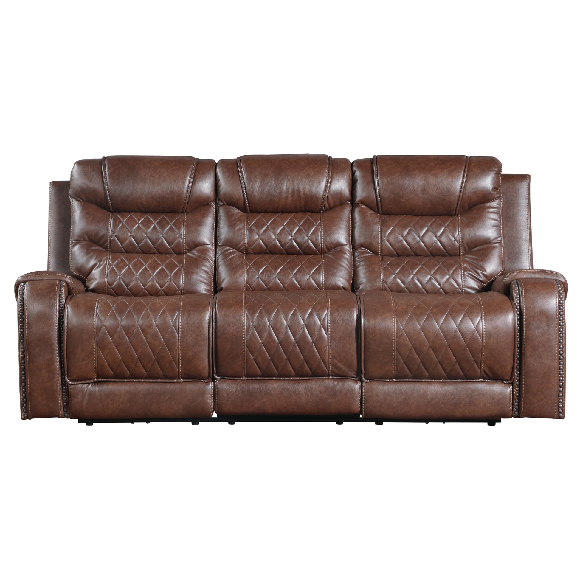 Luxurious Living Room Furniture 2Pc Power Reclining Sofa Set Brownfaux Leather Upholstery Center Drop Down Cup Holders, Power Outlets, Usb Ports, Diamond Pattern Stitching Brown Faux Leather Wood Primary Living Space Luxury,Modern Solid Wood 5 Seat