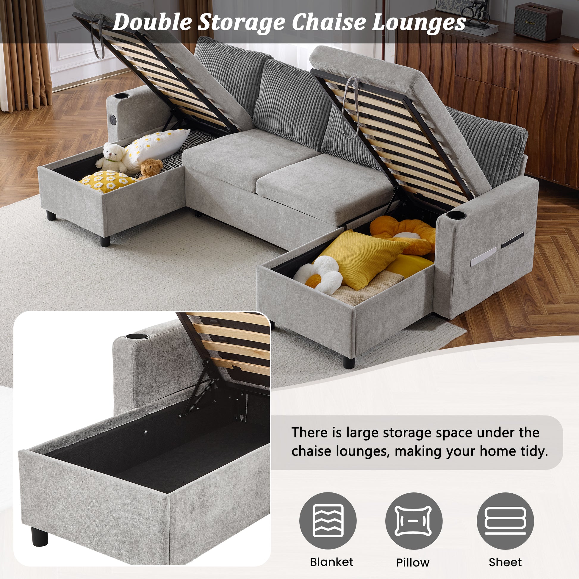 111.8" Sectional Sofa Pull Out Sofa Bed Versatile Sofa Sleeper With Large Storage Space, Two Usb Ports And Two Cup Holders For Living Room, Grey Grey Foam Chenille 4 Seat