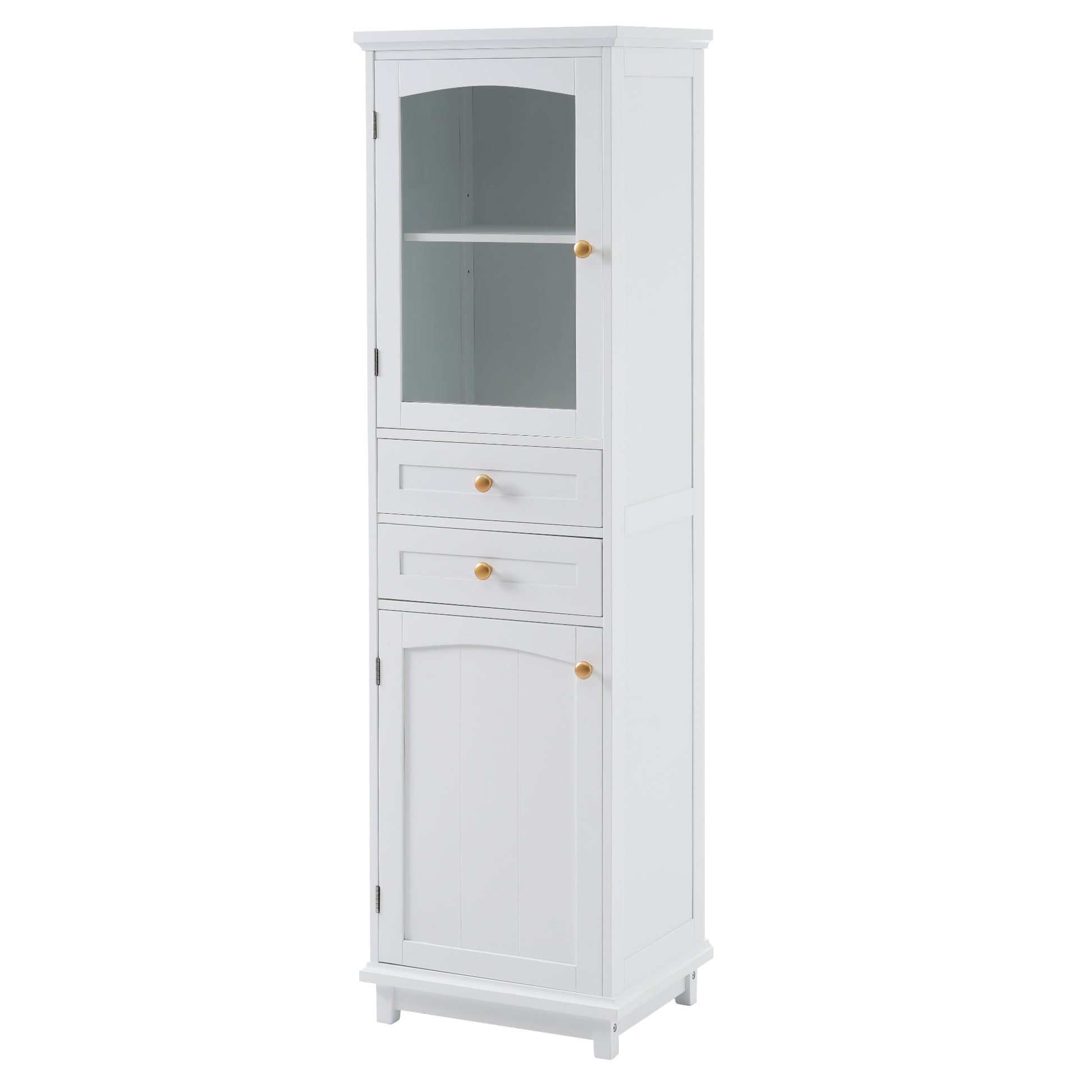 Tall Bathroom Storage Cabinet With Glass Doors, Free Standing, Two Drawers, And Adjustable Shelves, Mdf Board, Painted White Perfect For Displaying Your Favorite Items 2 White 2 4 Adjustable Shelves Bathroom Freestanding Partice Board Mdf Pine Wood