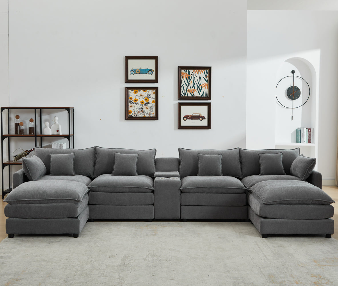 Piece Upholstered Sectional,Sectional Sofa Couch, 4 Seat Sectional Couches For Living Room U Shaped Modern Chenille Sofa Sleeper With Coffee Table Grey Grey Chenille 4 Seat