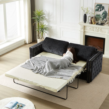 Convertible Sleeper Sofa With Memory Foam Mattress, 3 Seater Full Size Bed Couch For Living Rooms, Designed With Chenille Fabric Black Chenille 3 Seat