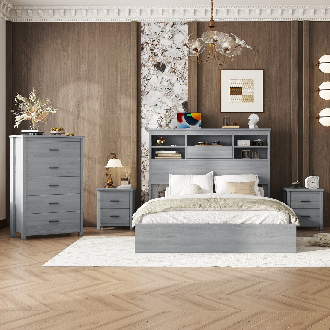 4 Pieces Bedroom Sets Queen Size Vintage Wooden Bed Frame With 2 Nightstands And 1 Dresser,Light Gray Box Spring Not Required Queen Light Gray 4 Piece Set American Traditional Solid Wood Mdf