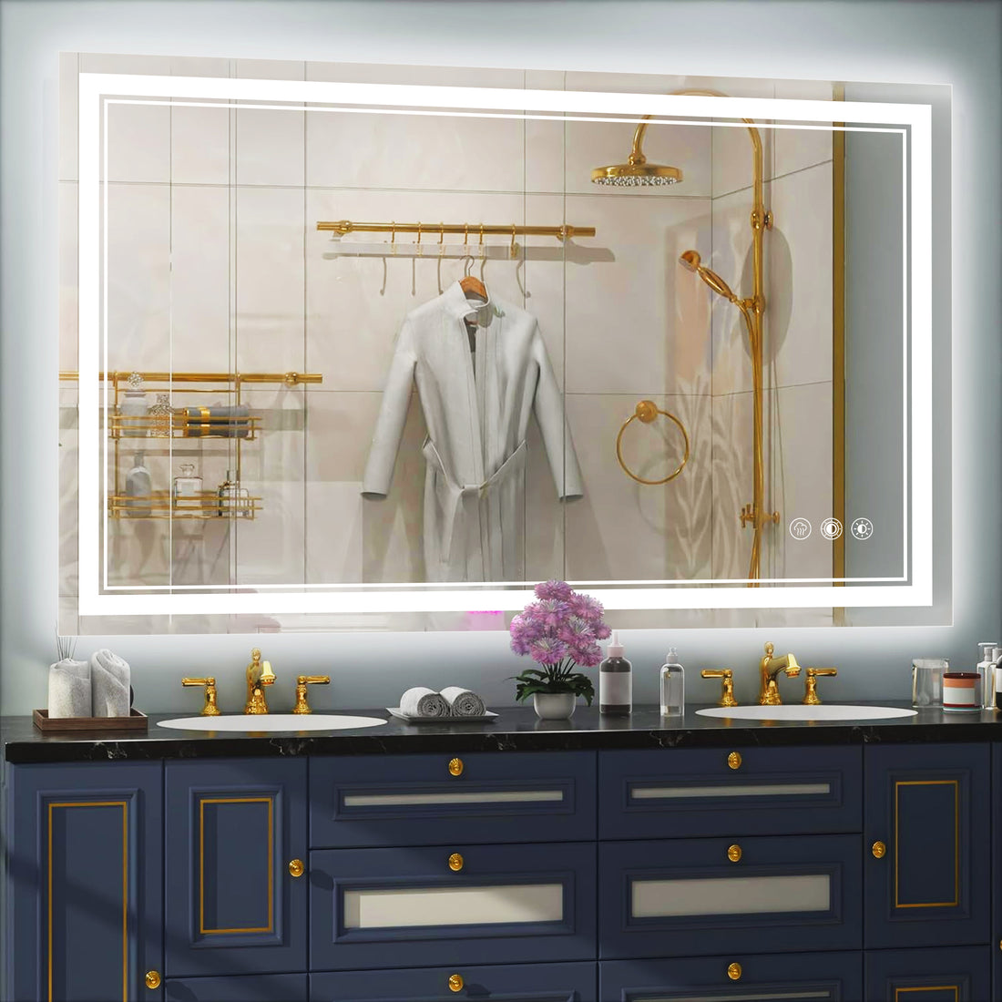 48"X28" Led Bathroom Mirror Adjustable Dimming & 3 Color Temperatures, Anti Fog Feature White Black Aluminium,Tempered Glass