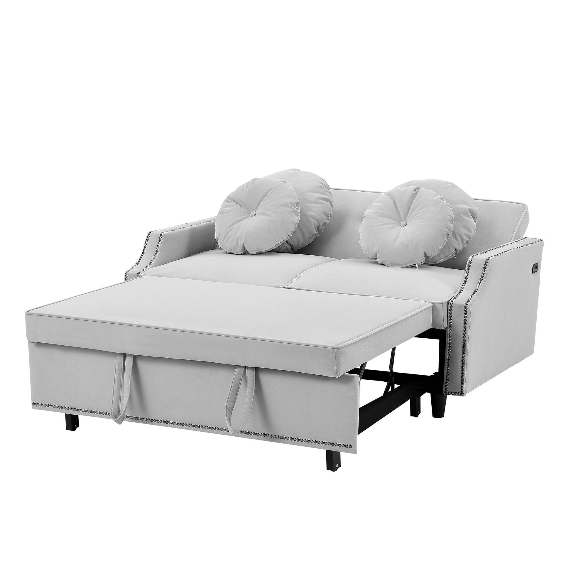 54.7" Multiple Adjustable Positions Sofa Bed Stylish Sofa Bed With A Button Tufted Backrest, Two Usb Ports And Four Floral Lumbar Pillows For Living Room, Bedroom,Or Small Space, Light Grey Light Grey Foam Polyester 2 Seat