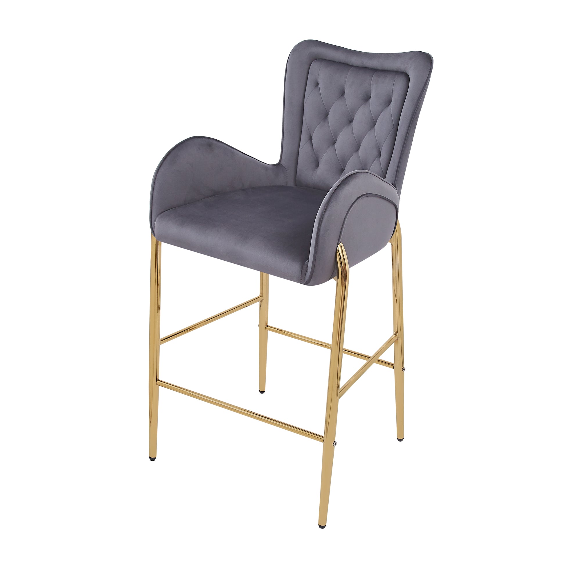 28.75Inch Counter Height Bar Stools Set Of 2, Bar Height Arm Chairs, Velvet Fabric Stools With Golden Legs And Footrests,Gray Solid Kitchen Tufted Back Set Of 2 Wood Gray Powder Coated Foam Spot