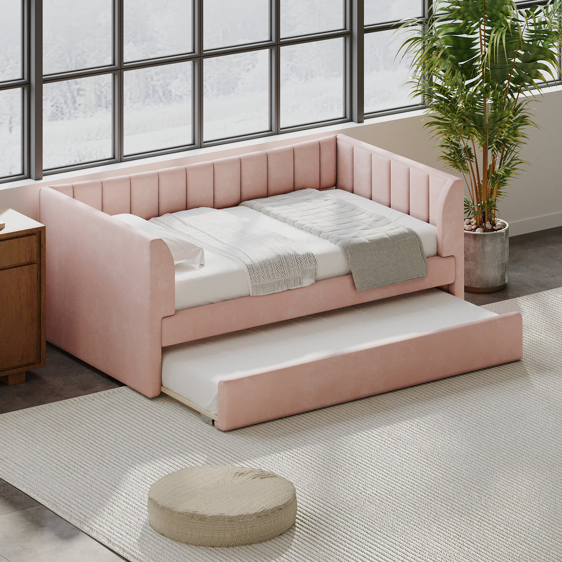 Twin Size Upholstered Velvet Daybed With Trundle, Pink Box Spring Not Required Twin Pink Wood Bedroom Bed Frame Velvet Upholstered