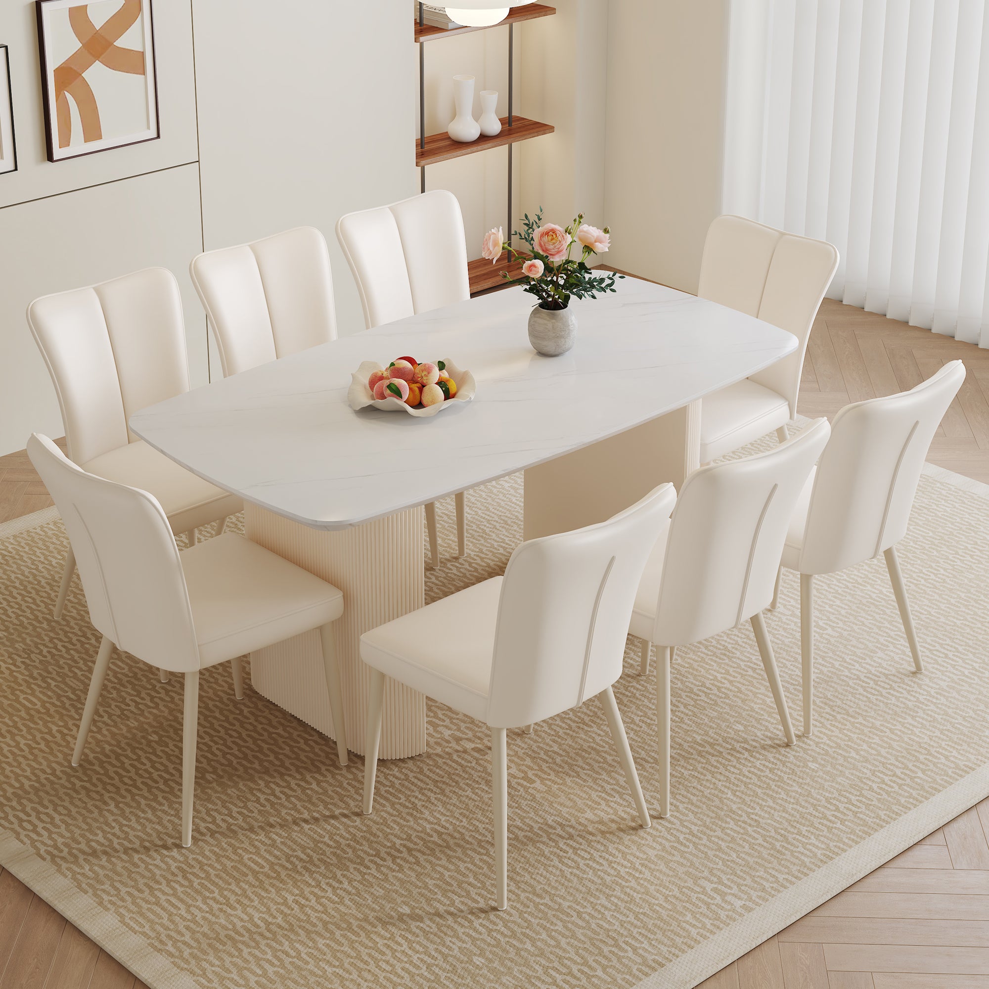 Table And Chair Set.67*35.4 Cream Style Mdf White Dining Table Set With 8 Cream Style Dining Chairs With A Vertical Line Design On Backrest.Adding A Warm And Gentle Atmosphere To Your Family. White