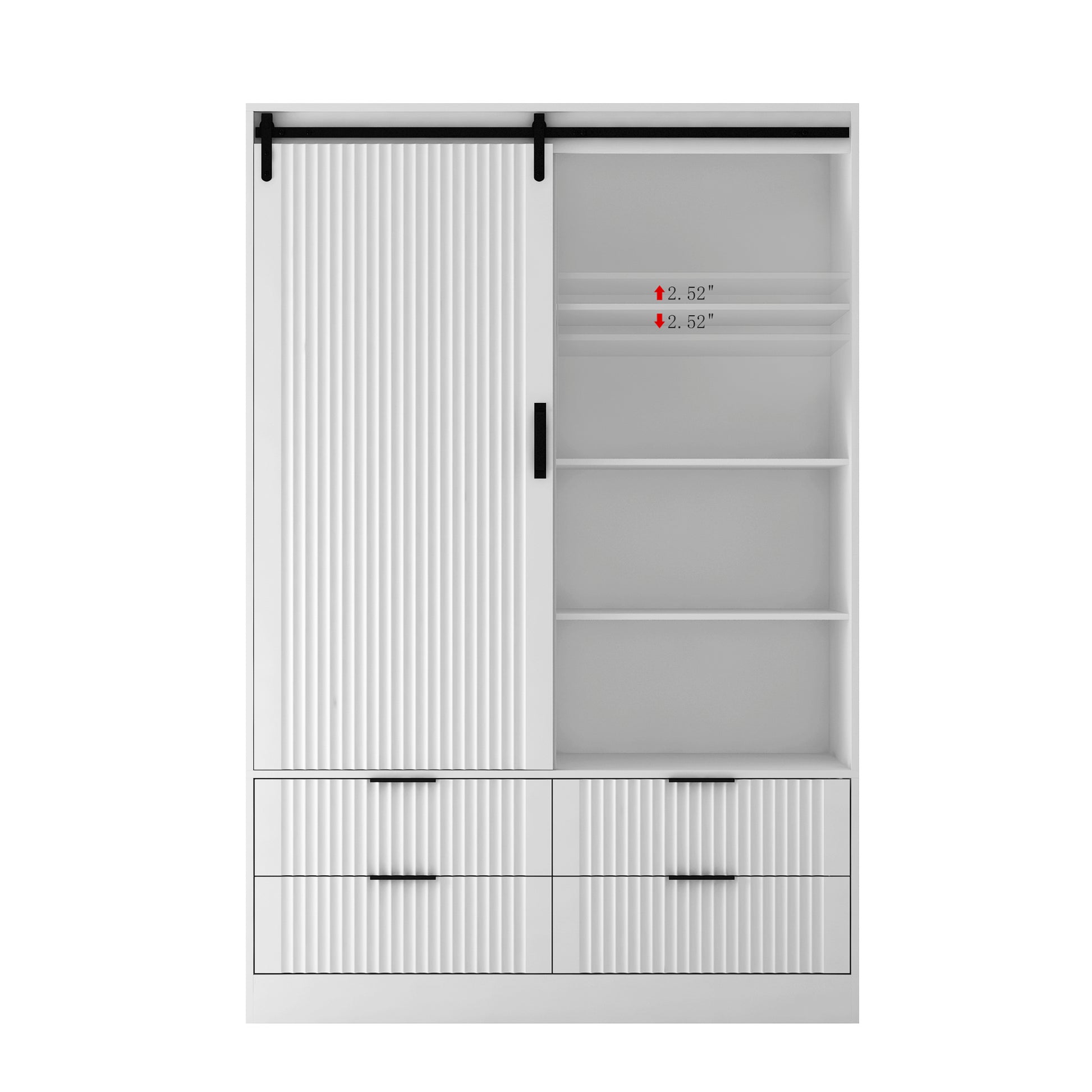 Tall Bedroom Armoire Wardrobe Closet Clothing Storage Cabinet With Hanging Rod Barn Door Drawers Open Shelves,White White Mdf