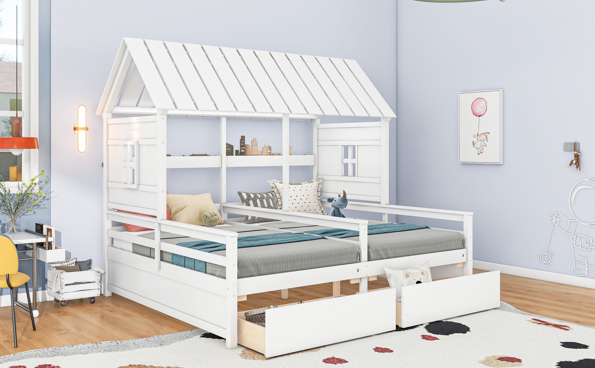 Twin Size House Platform Beds With Two Drawers For Boy And Girl Shared Beds, Combination Of 2 Side By Side Twin Size Beds,White Twin White Solid Wood Mdf