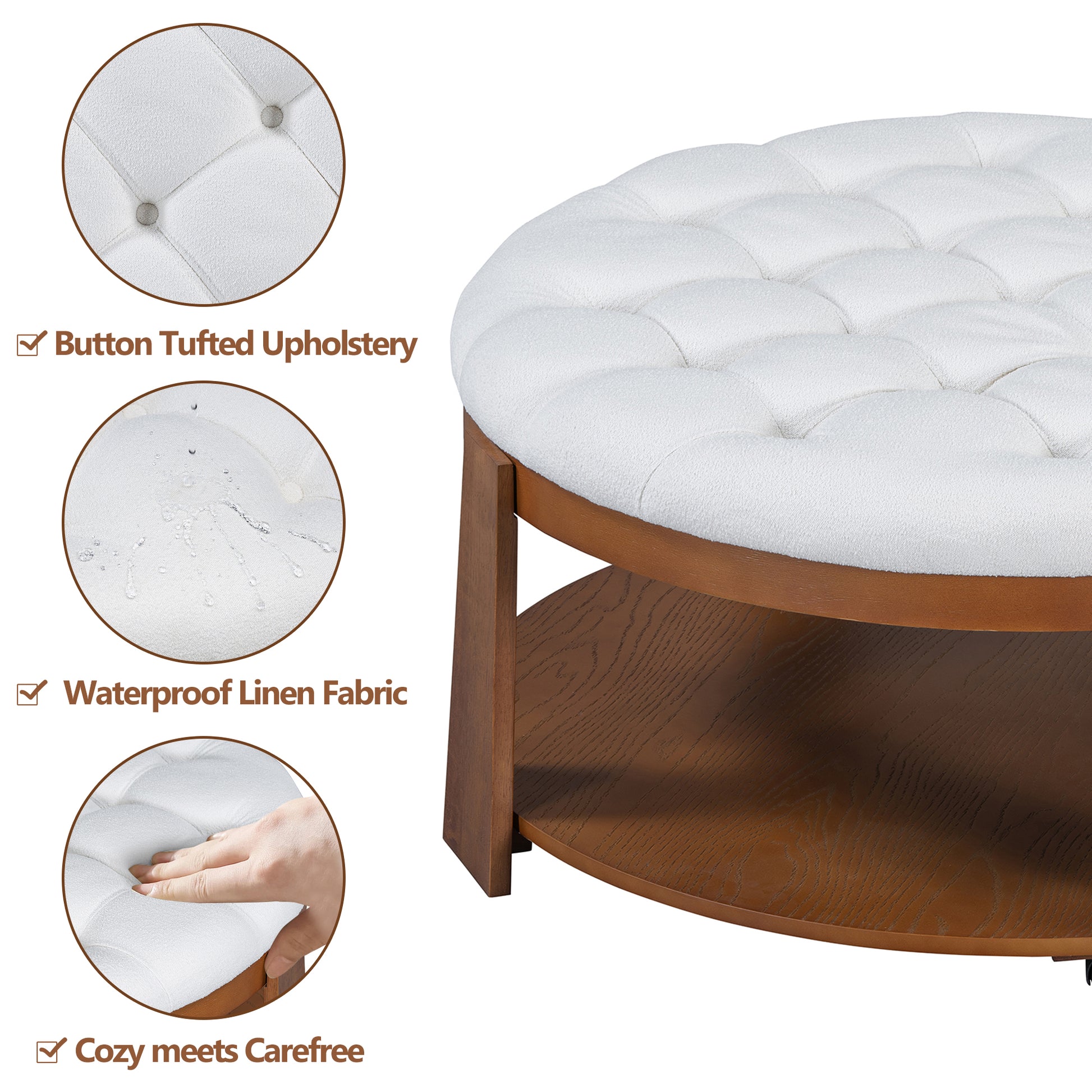Modern Large Round Ottoman Coffee Table 2 Tier Oversized Button Tufted Ottoman With Wood Shelf Storage Upholstered Coffee Table For Living Room Footrest Ottoman With Wheel, Waterproof Linen Ivory White Rubber Wood
