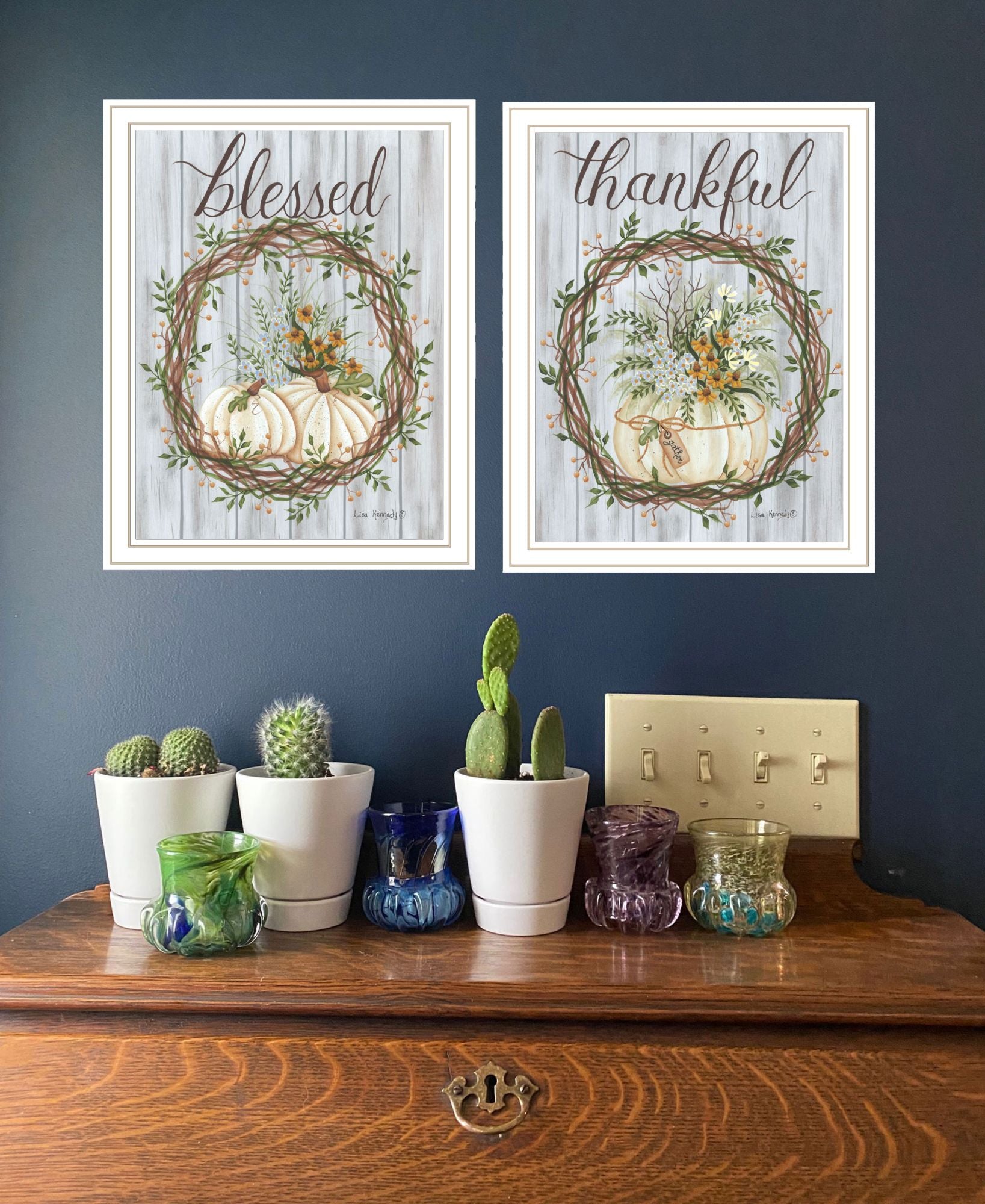 "Thankful And Blessed For The Fall" Framed Wall Art For Living Room, Wall Art Print For Home Decor, Bedroom Wall Art By Lisa Kennedy Multicolor Wood Paper