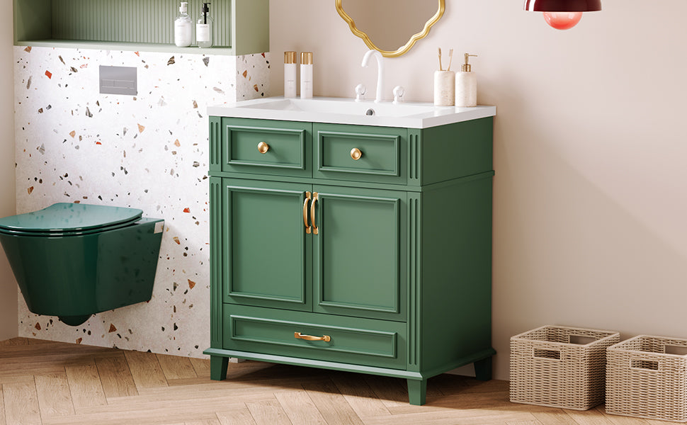 30'' Bathroom Vanity With Resin Sink, Solid Wood Frame Bathroom Storage Cabinet With Soft Closing Doors, Retro Style, Green Same As Sw000118Aaf Green Bathroom Modern Solid Wood Mdf Resin