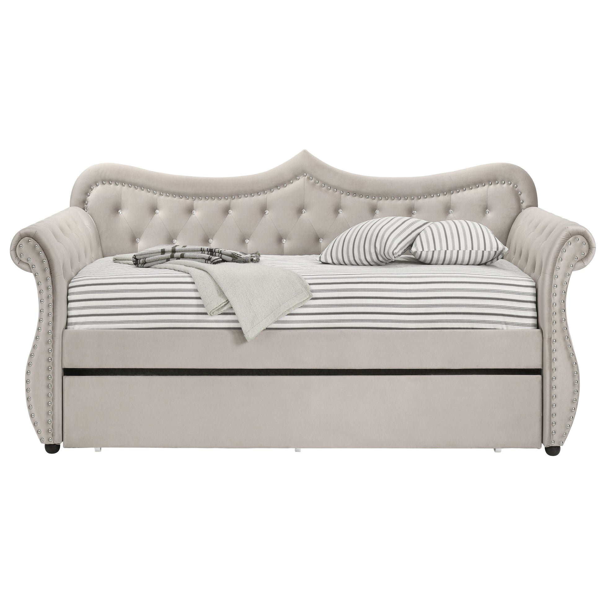 Beige Upholstered Twin Daybed With Trundle Twin Beige Wood Bedroom Velvet Velvet