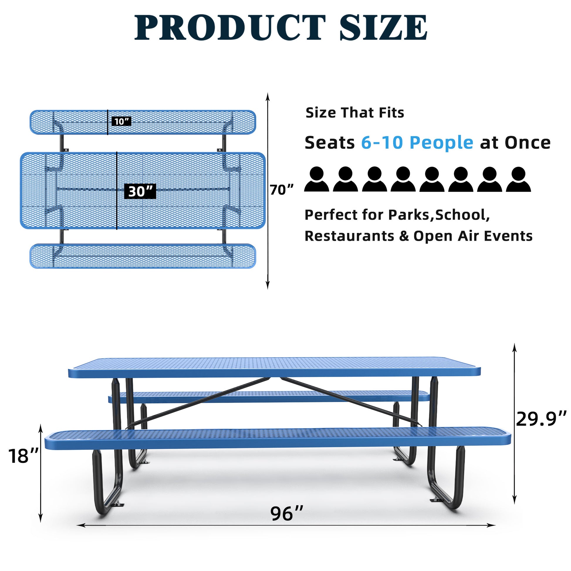 96" Expanded Metal Rectangular Picnic Table, Blue Blue Steel Steel