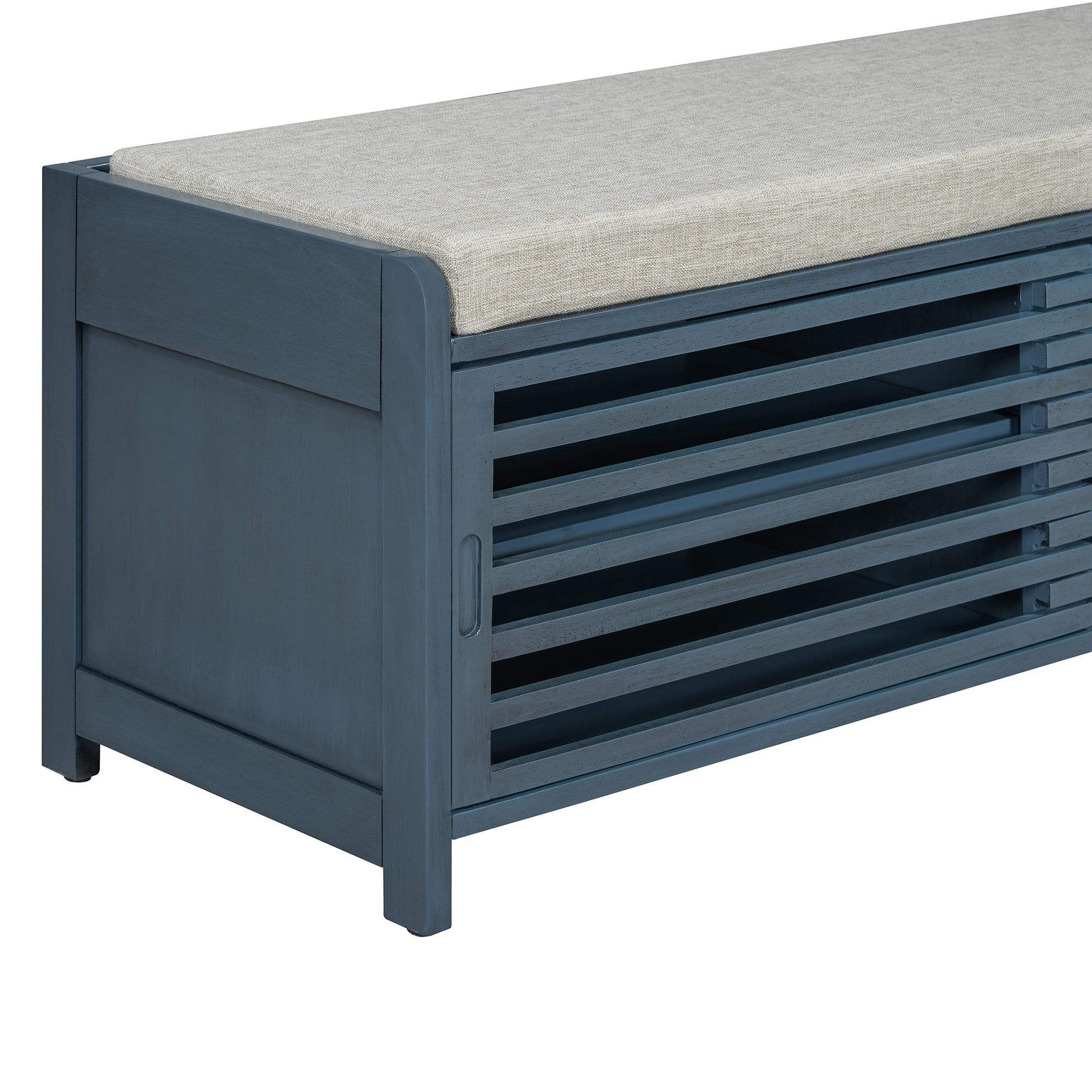 Distressed Shutter Storage Bench With Acacia Veneer For Retro Charm For Living Room, Entryway Navy Navy Mdf