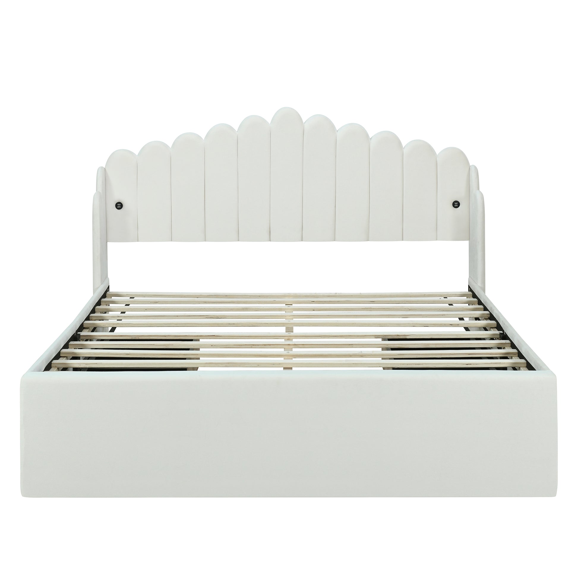 Queen Size Upholstered Platform Bed With 4 Drawers And 2 Usb, Beige Box Spring Not Required Queen Beige Wood Bedroom Bed Frame Polyester Upholstered