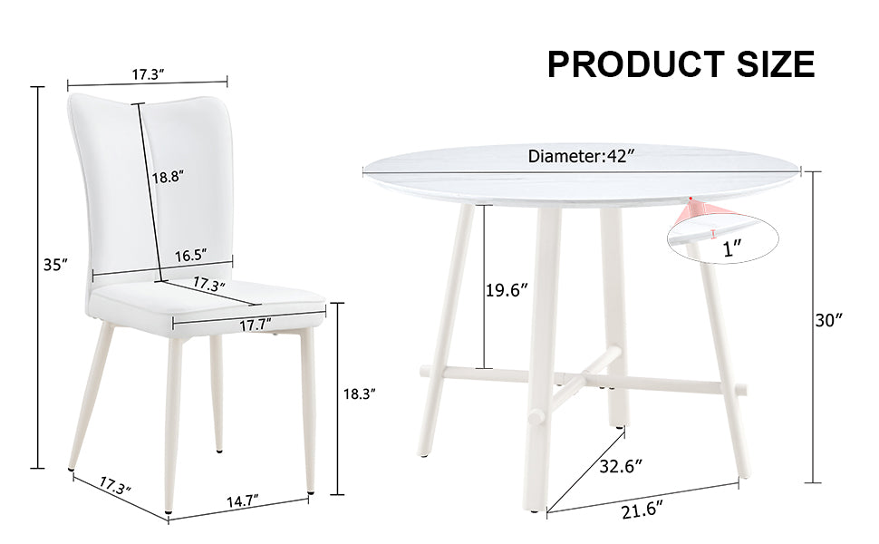 Table And Chair Set, Mdf Desktop, White Metal Table Legs, Stable And Beautiful, Suitable For Most Styles Of Home. Modern Simple Dining Table, Comfortable Seating. White Seats 4 Mdf