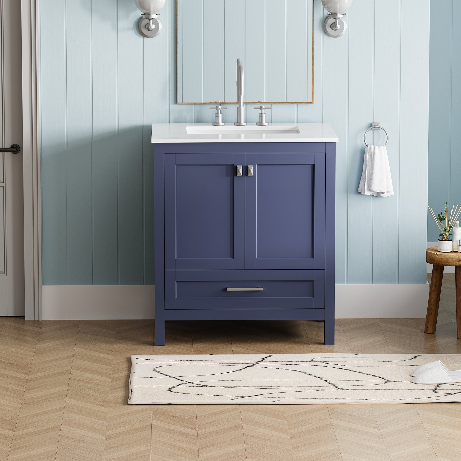 30 Inch Freestanding Bathroom Vanity With Sink, Carrara Engineered Marble Vanity Top With Undermounted Rectangular Ceramic Sink, Large Storage Soft Close Door, Navy Blue 24V03 30Nb Navy Blue Wood