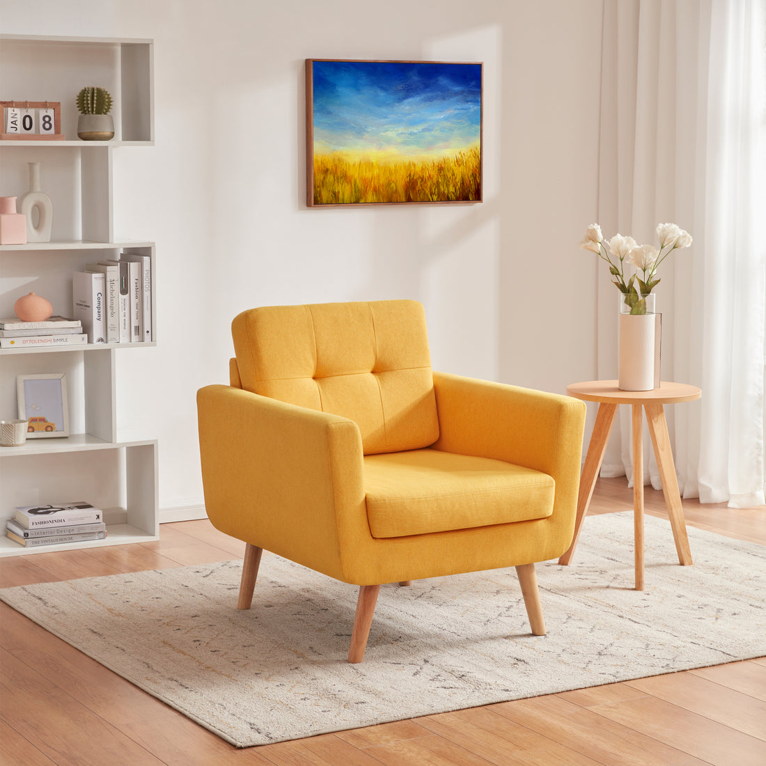 Linen Fabric Accent Chair, Mid Century Modern Armchair For Living Room, Bedroom Button Tufted Upholstered Comfy Reading Accent Chairs Sofa Yellow Yellow Solid Wood