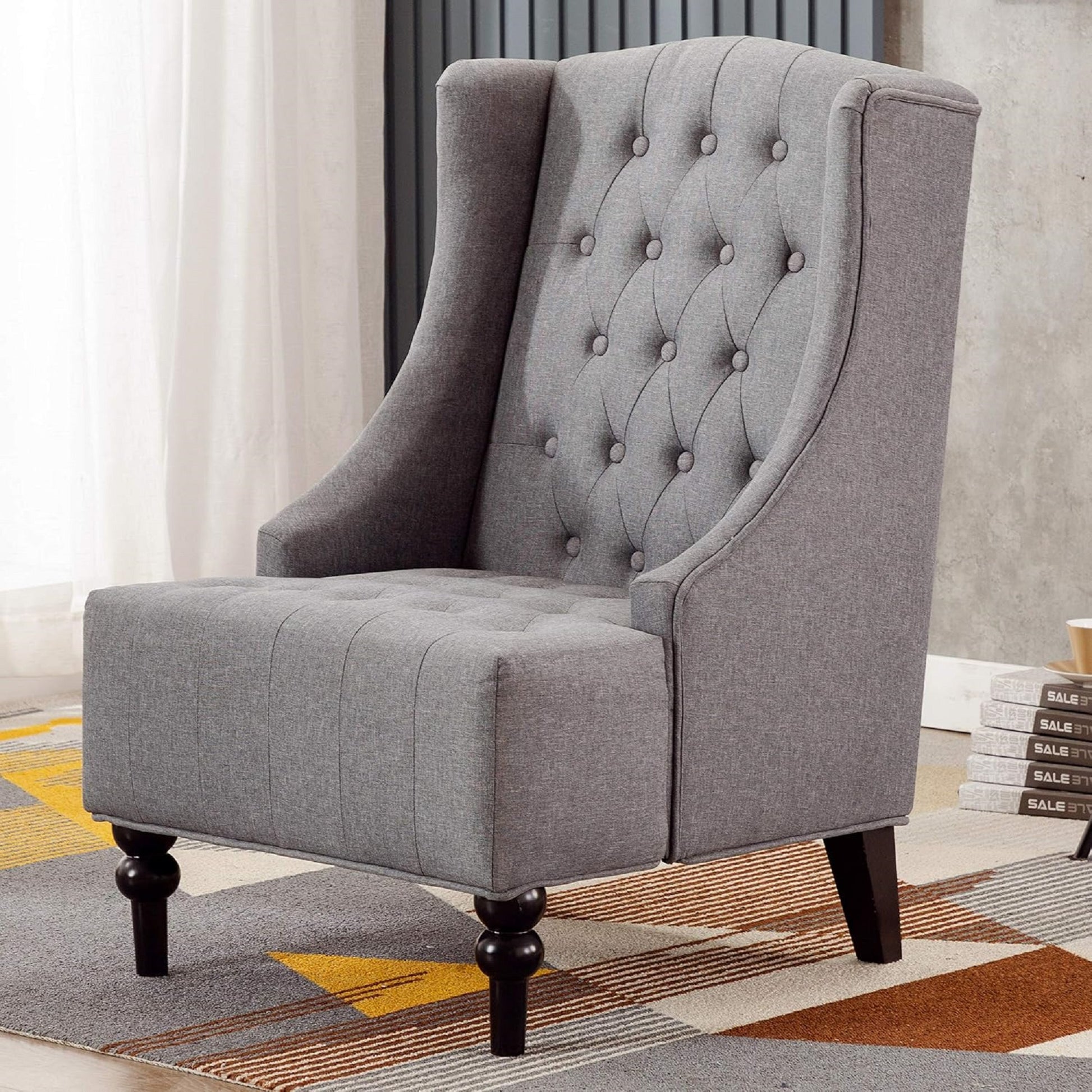1Pc Modern Living Room Button Tufted Wingback Accent Chair Steel Grey Luxury Look Diamond Button Tufted Pattern Gray Primary Living Space Traditional Foam Wood