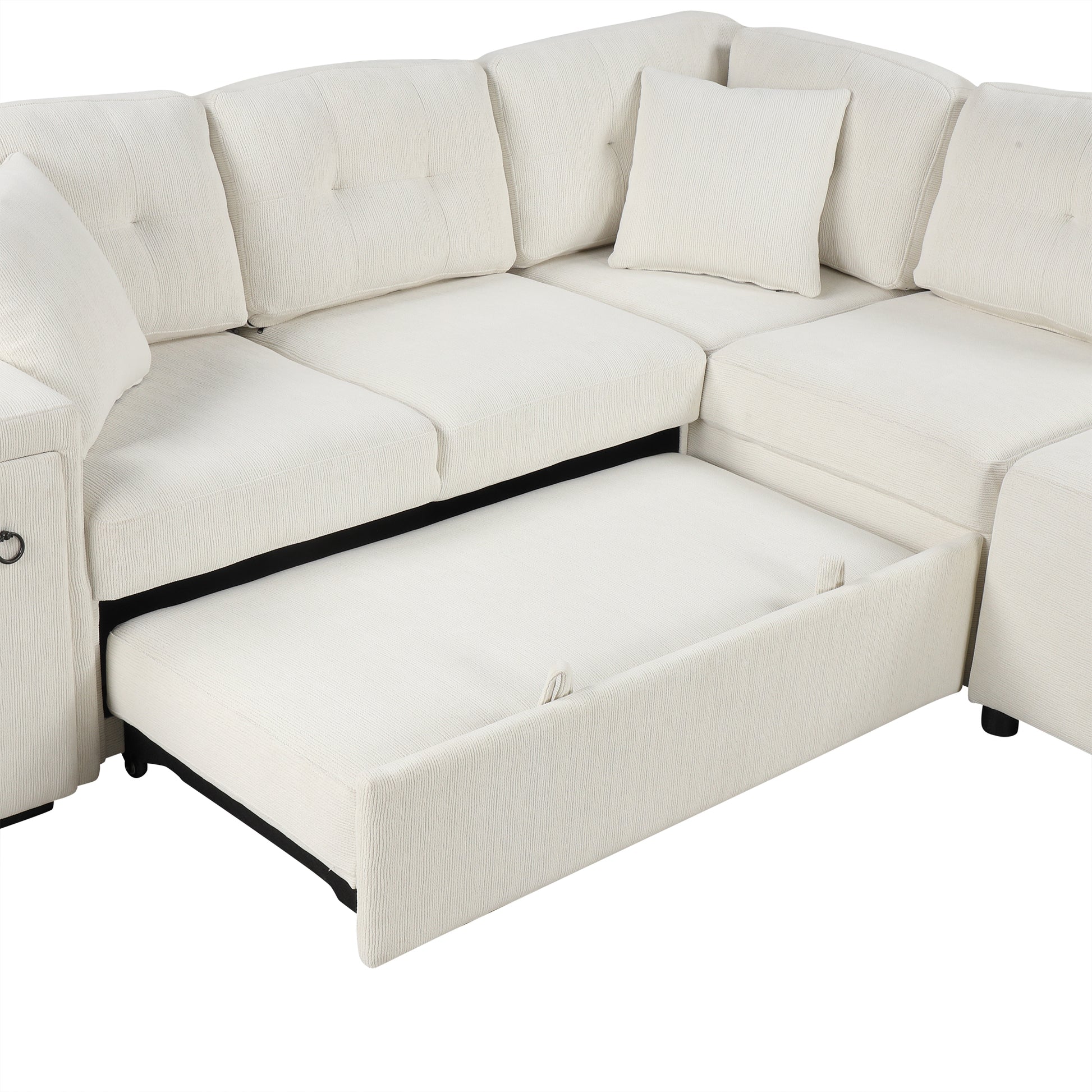 86.6" Sectional Sofa L Shaped Sofa Couch Pull Out Sofa Bed With A Movable Ottoman, Two Usb Ports And Two Cup Holders For Living Room, Beige Beige Foam Chenille 4 Seat