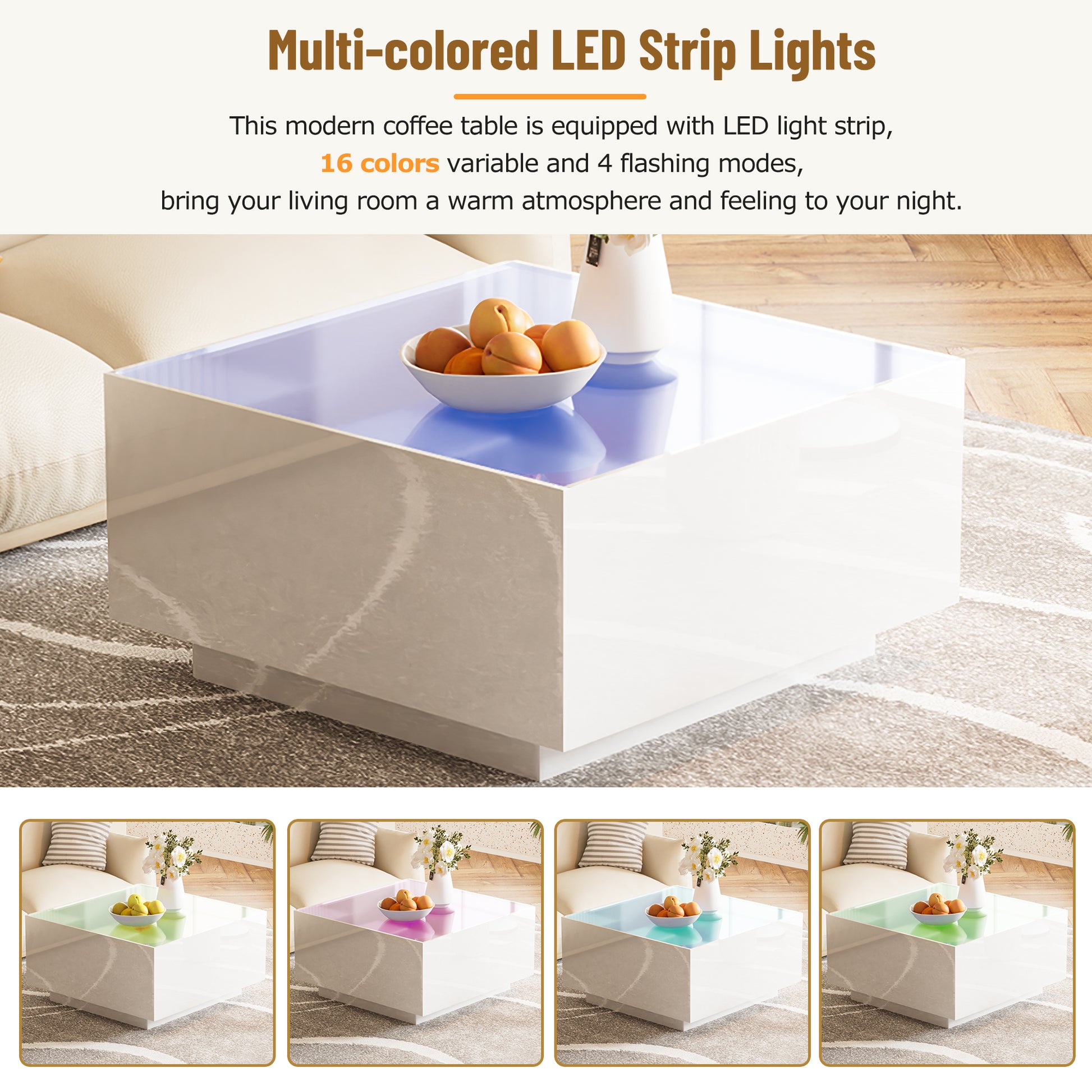 Square High Glossy Coffee Table With 16 Color Led Strip Lights, Modern Center Table With 5Mm Frosted Tempered Glass Top For Living Room, White, 27.5*27.5In White Primary Living Space Mdf