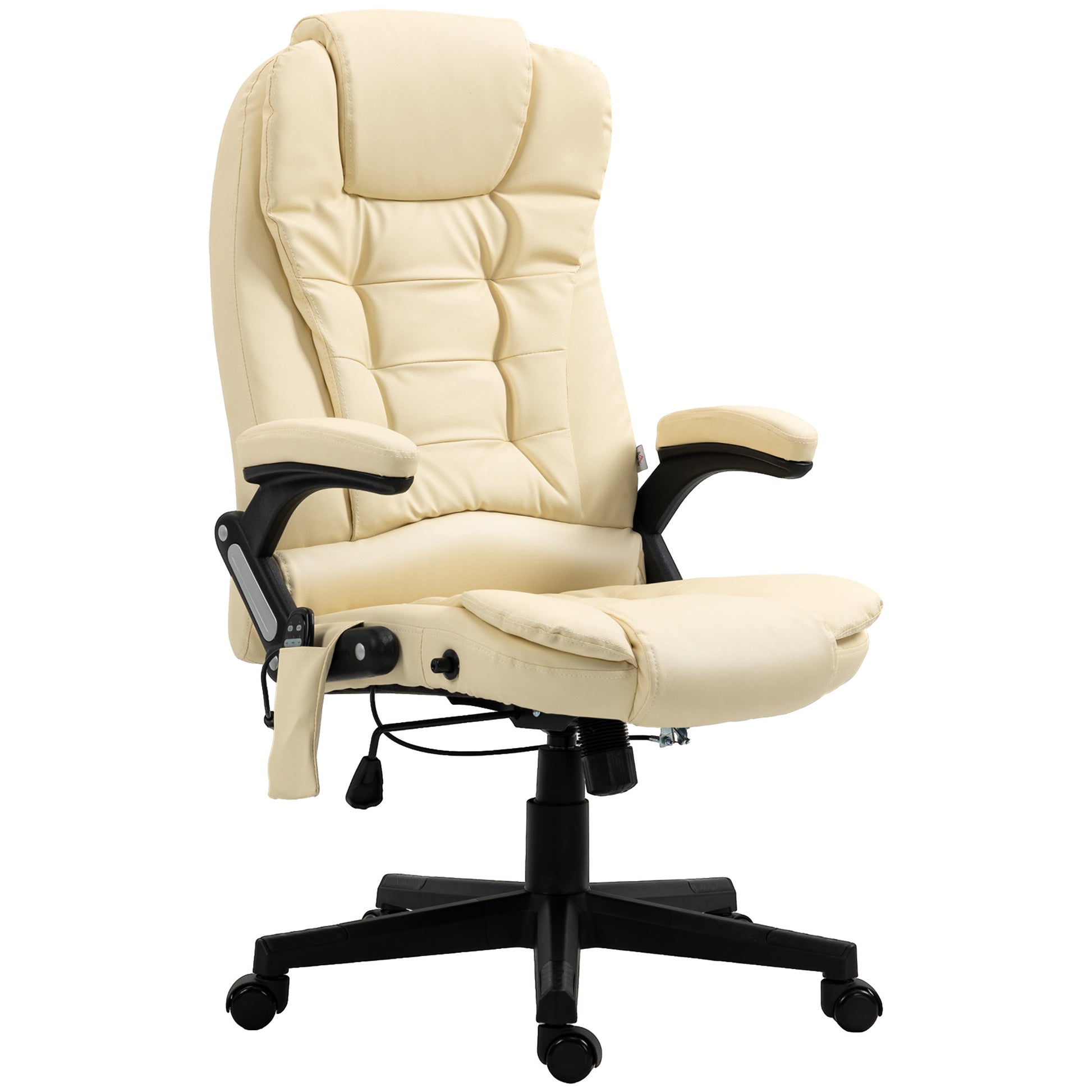 Homcom High Back Vibration Massage Office Chair With 6 Vibration Points, Heated Reclining Pu Leather Computer Chair With Armrest And Remote, Beige Beige Pu