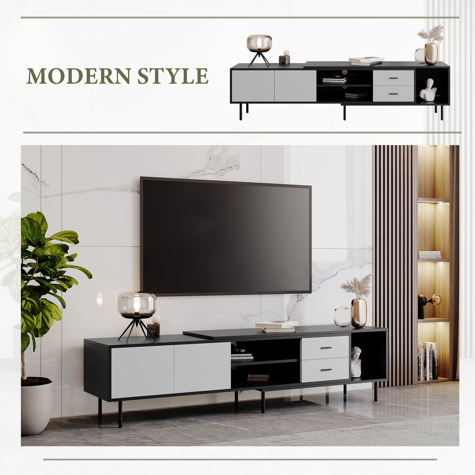 Modern Tv Stand For 80'' Tv With 2 Doors, Media Console Table, Entertainment Center With Large Storage Cabinet For Living Room, Bedroom Black Grey 70 79 Inches Primary Living Space 70 79 Inches 75