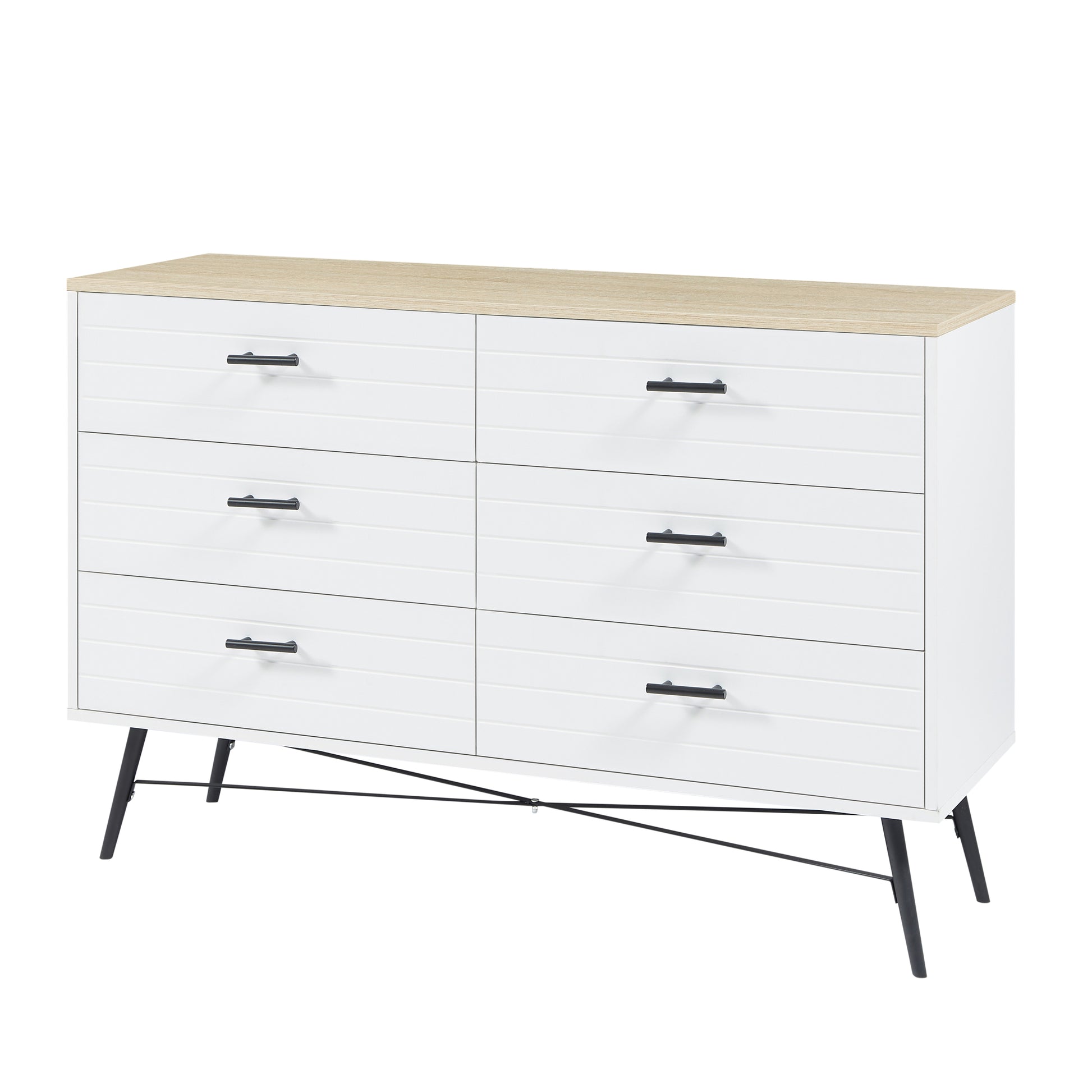 6 Drawer Dresser For Bedroom With Deep Drawers, Wood Dressers & Chest Of Drawers, Modern White Long Dressers For Closet Living Room, 47.2"W X 15.7"D X 31.5"H, White & Oak 5 Or More Drawers White Light Oak Brown Bedroom Rustic,Vintage Particle Board