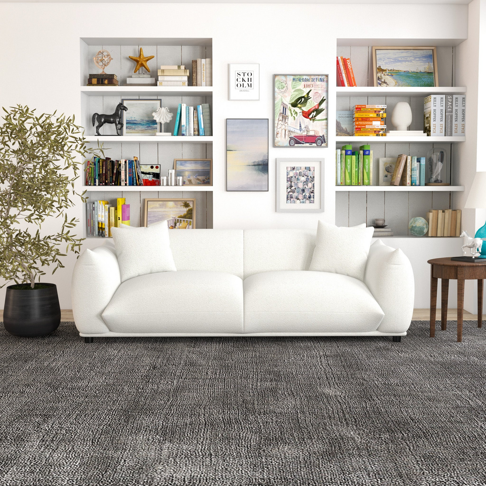 Emma Mid Century Modern Luxury Cream Boucle Sofa Cream,White Brown Wood Primary Living Space Mid Century Modern Foam Boucle,Solid Wood 3 Seat