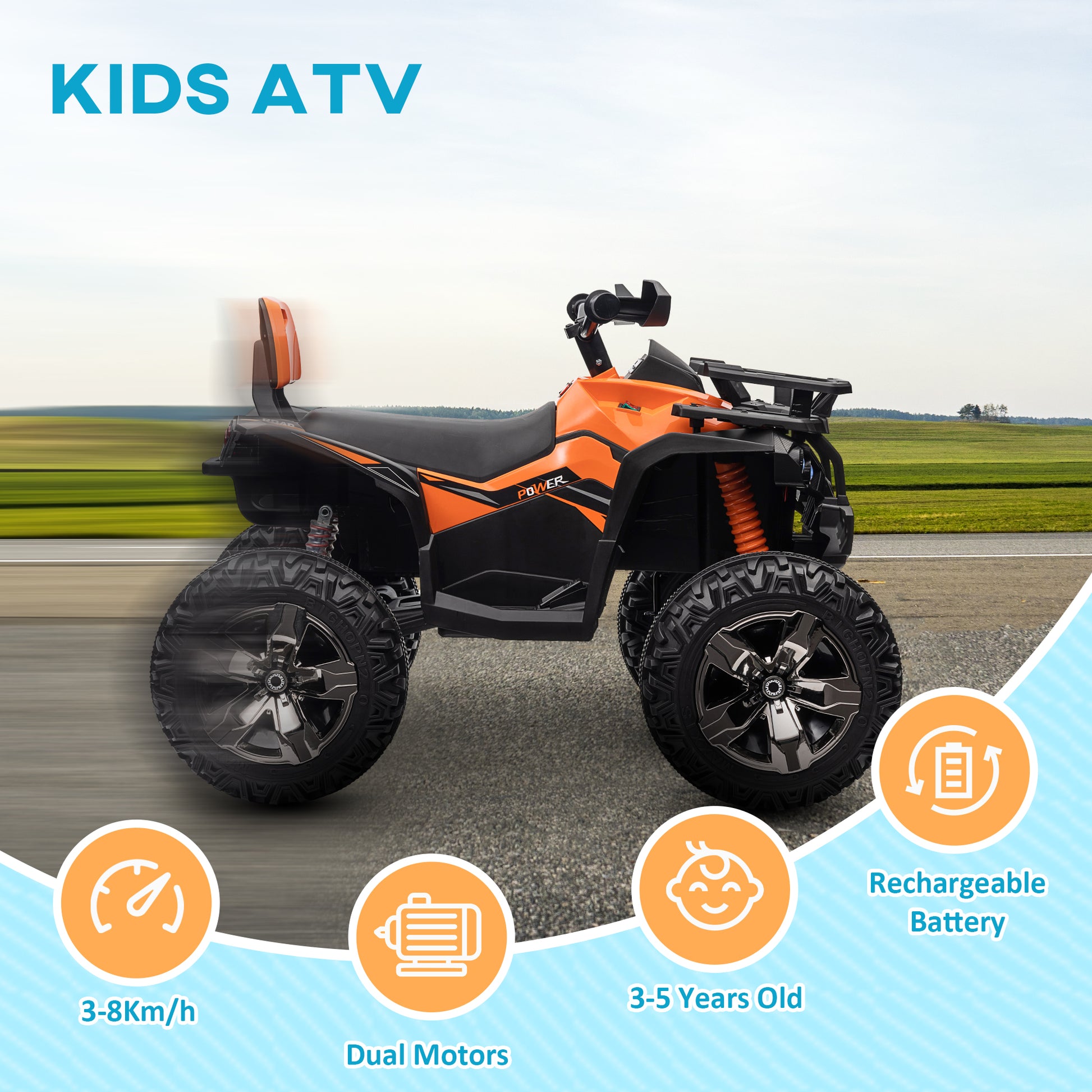 Aosom 12V Kids Ride On Four Wheeler Atv Toy Car With Music, Realistic Headlights, Wide Wheels, Rechargeable Battery Powered, For Boys And Girls, Orange Orange Plastic