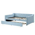 Full Size Upholstered Tufted Daybed With Twin Size Trundle, Blue Box Spring Not Required Full Blue Wood Daybeds Velvet Upholstered