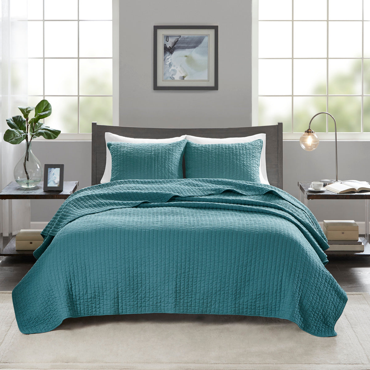 3 Piece Quilt Set Teal Full Queen Full Teal Microfiber