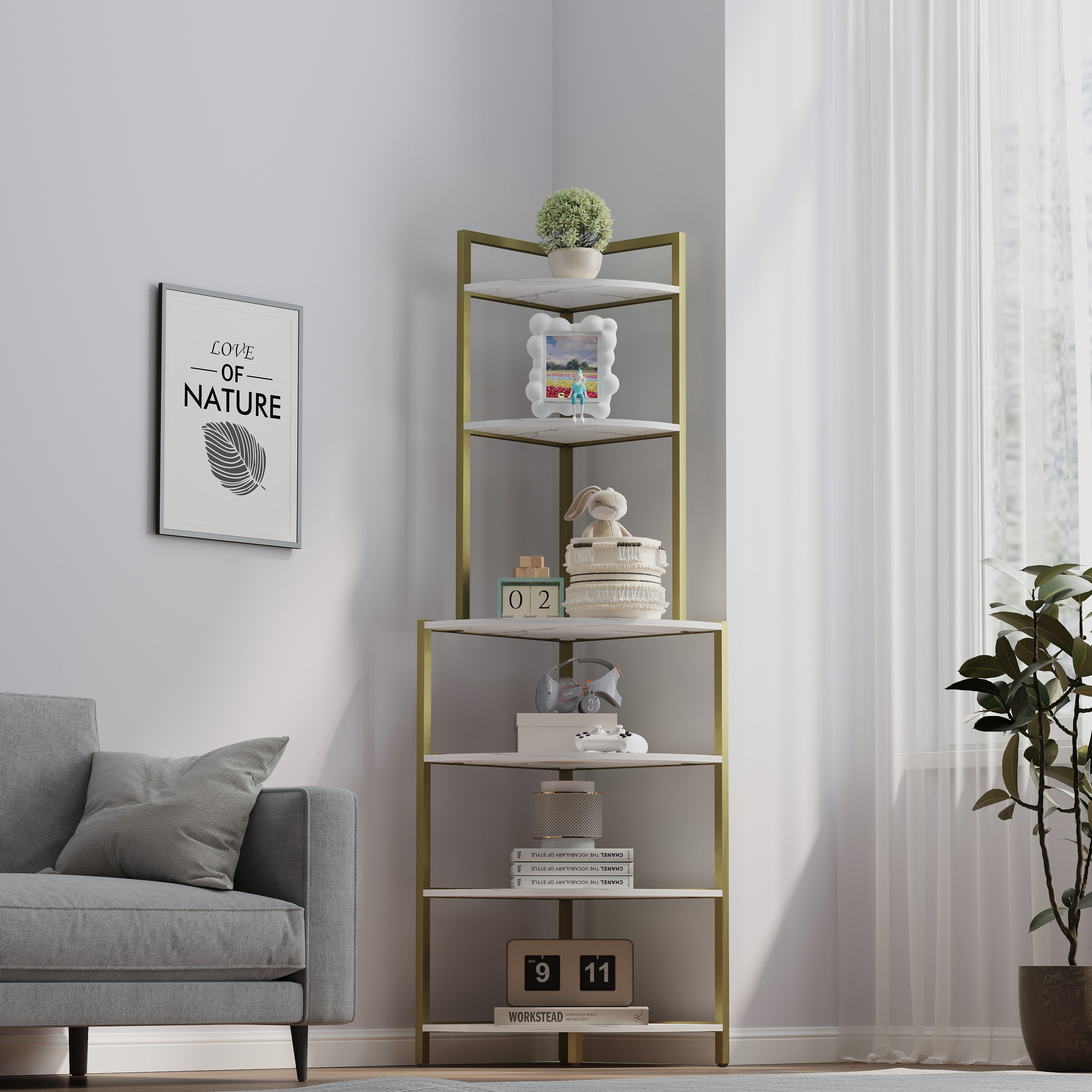 6 Tier Corner Open Shelf Modern Bookcase Wood Rack Freestanding Shelvi