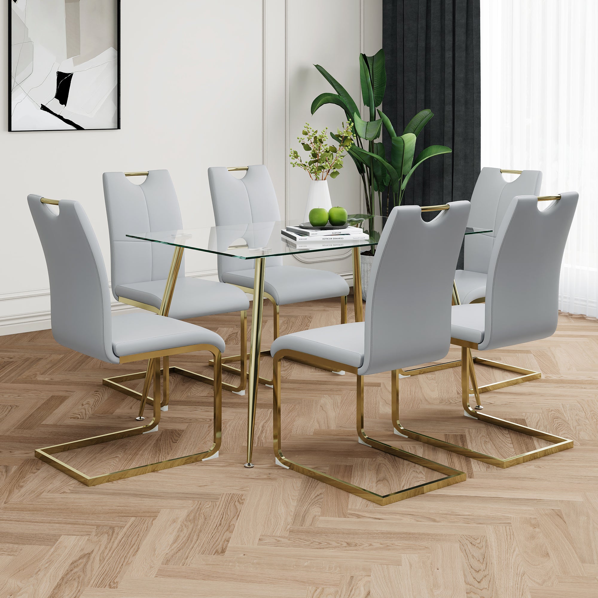 Modern Simple Rectangular Glass Dining Table, Wear Resistant Tempered Glass Countertop, Gold Plated Legs, Grey Pu Dining Chair Set, Suitable For Restaurant Kitchen Use Set Of 7 Upholstered Chair