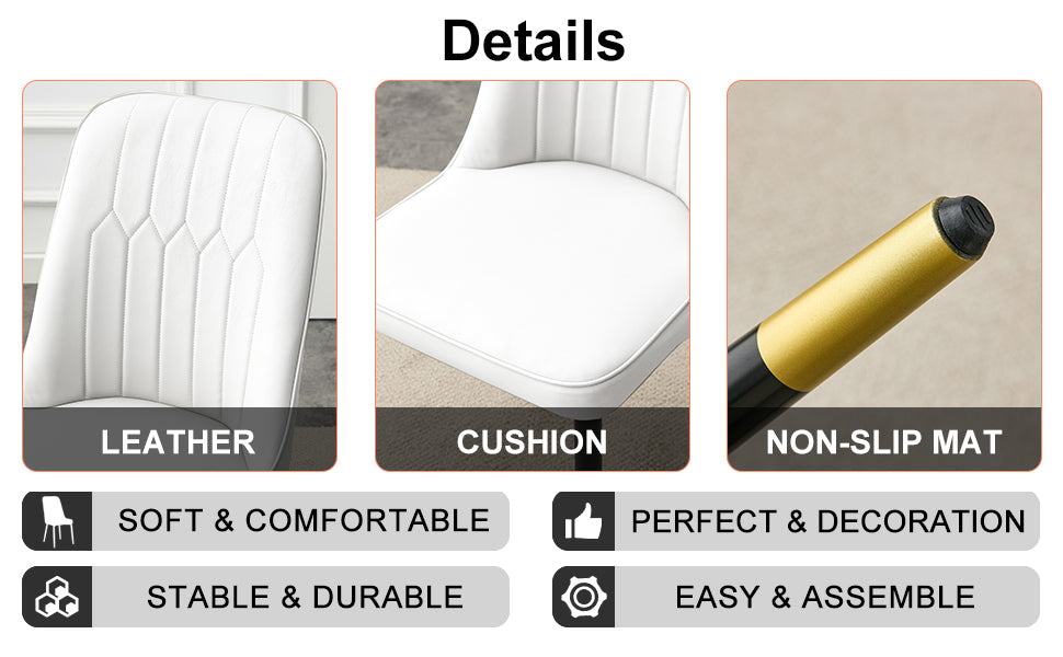 Table And Chair Set.The Table Has A Glass Top With Imitation Marble Pattern Stickers And Stainless Steel Golden Legs. Paried With Chairs With Pu Artificial Leather Backrest Cushions And Black Legs. White Gold Seats 6 Glass Metal