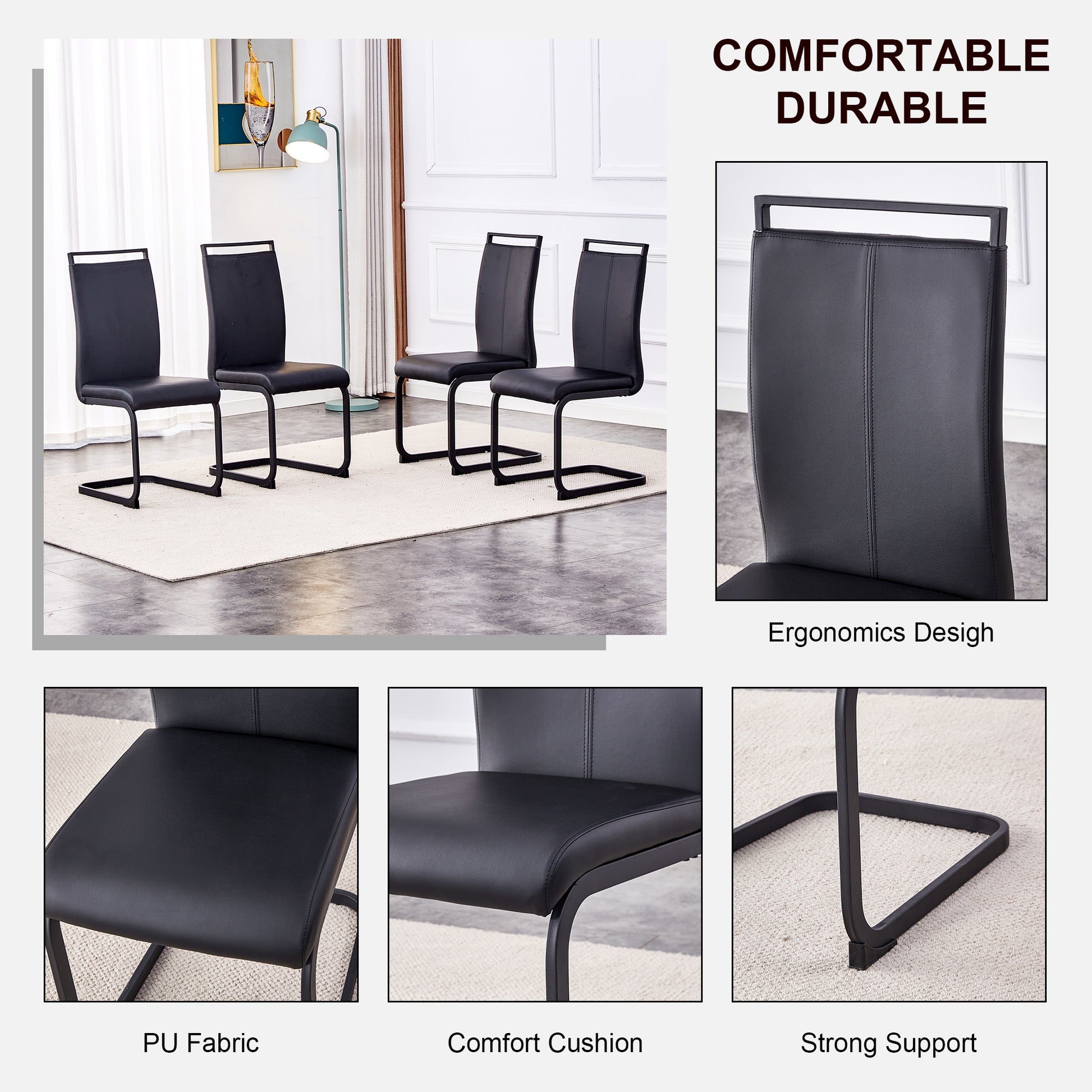 Table And Chair Set. Large Modern Rectangular Table With Brown Glass Top And Black Metal Legs. It Is Equipped With Soft And Comfortable Pu Seats, Faux Leather Upholstered Seats, And Sturdy Metal Legs. Black Seats 4 Glass Metal