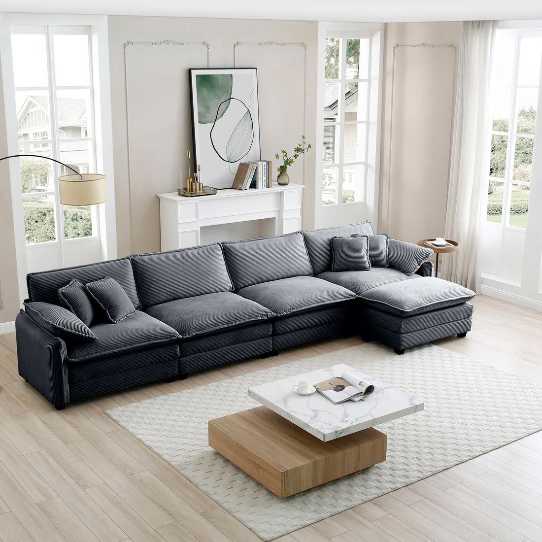 Corduroy Sofa Modern Upholstered 4 Seater With With 1 Footstool Corduroy Fabric Sofaoffice Living Room Apartment Comfort Sofa, Easy To Assemble With 2 Arm Pillows And 4 Throw Pillows Grey Corduroy 4 Seat