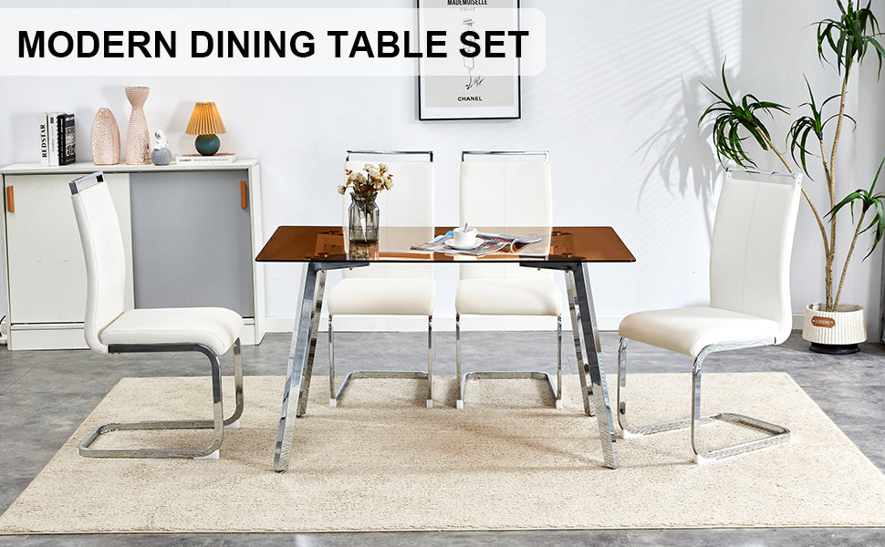 1 Table And 4 Chairs, Brown Tempered Glass Tabletop And Silver Metal Legs, Modern Minimalist Style Rectangular Glass Dining Table, Paired With 4 Modern Silver Metal Leg Chairs. 1123C 1162 Brown Seats 4 Glass