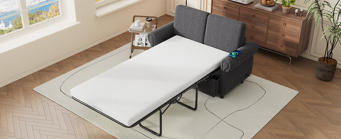 57.9" Orisfur Pull Out Sofa Bed Loveseat Sleeper With Twin Size Memory Mattress With Two Usb Ports For Living Room Spaces Old Sku:Wf305474Aae , Grey Grey Foam Linen