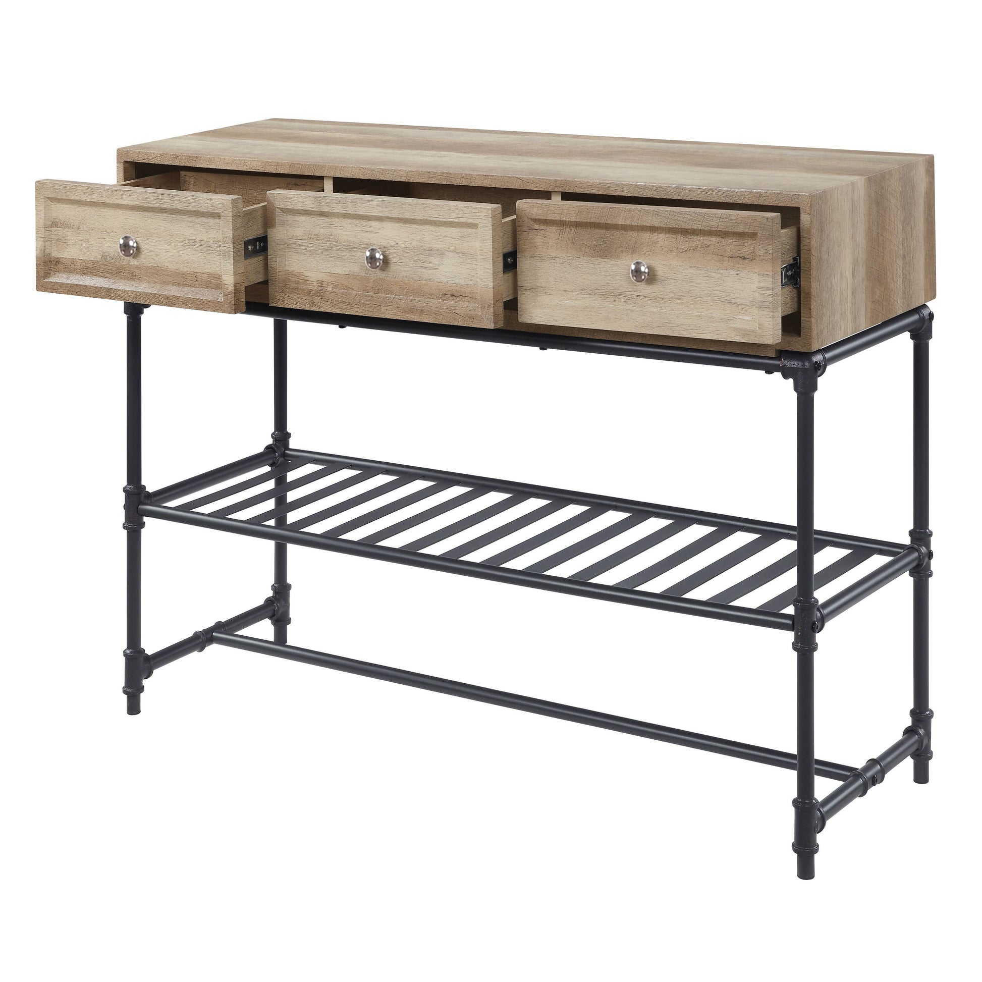 Mankato Oak And Sandy Black Sofa Table Oak Primary Living Space Modern Drawers Rectangular Wood Metal