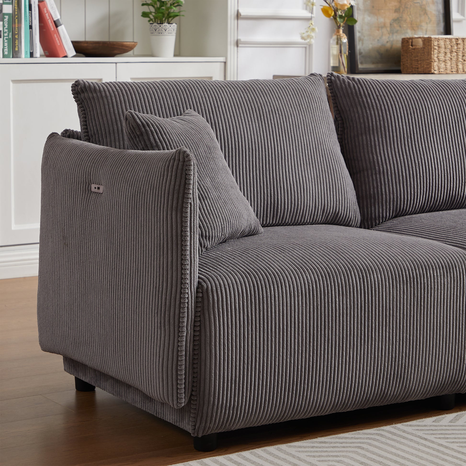 106" Multi Module Combination Style Sofa For Living Room, Bedroom And Other Lounge Spaces, Modern Minimalist Corduroy Combination Sofa With 2 Comfort Cushions With Usb & C Charging Ports Gray Gray Foam Fabric 4 Seat