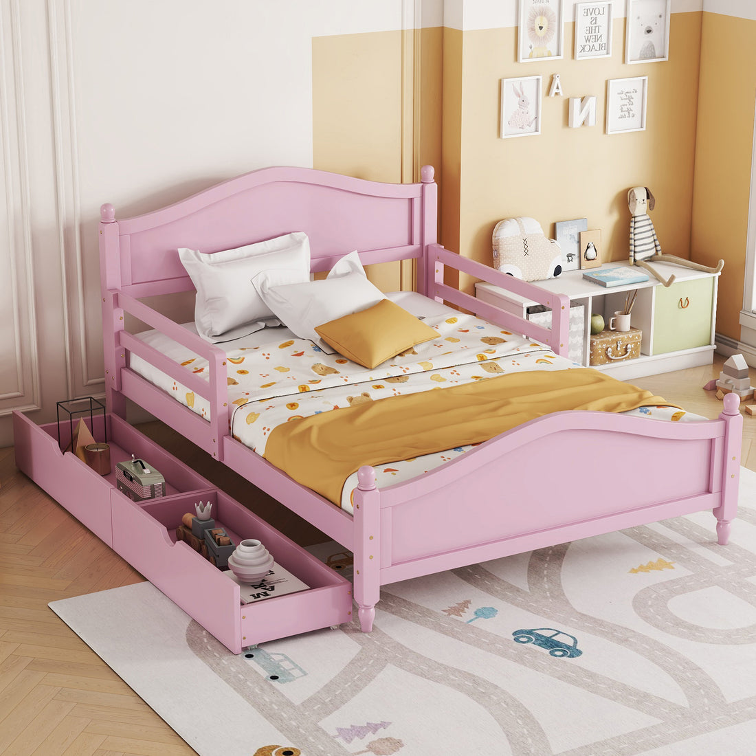 Full Size Wood Platform Bed With Guardrails On Both Sides And Two Storage Drawers ,Pink Full Pink Wood