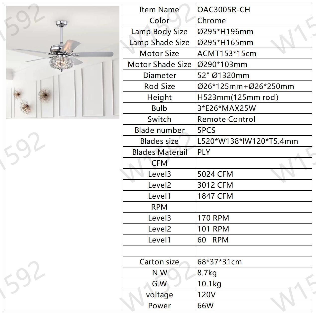 52'' Crystal Shade Ceiling Fan Lamp With Remote Control 3 Speed High, Mid, Low 5 Reversible Blades For Living Room, Dining Room, Bedroom, Family Room, Chrome ,3Pcs*E26 No Include Bulb Chrome American Traditional,Antique,Classic,Contemporary Crystal Metal