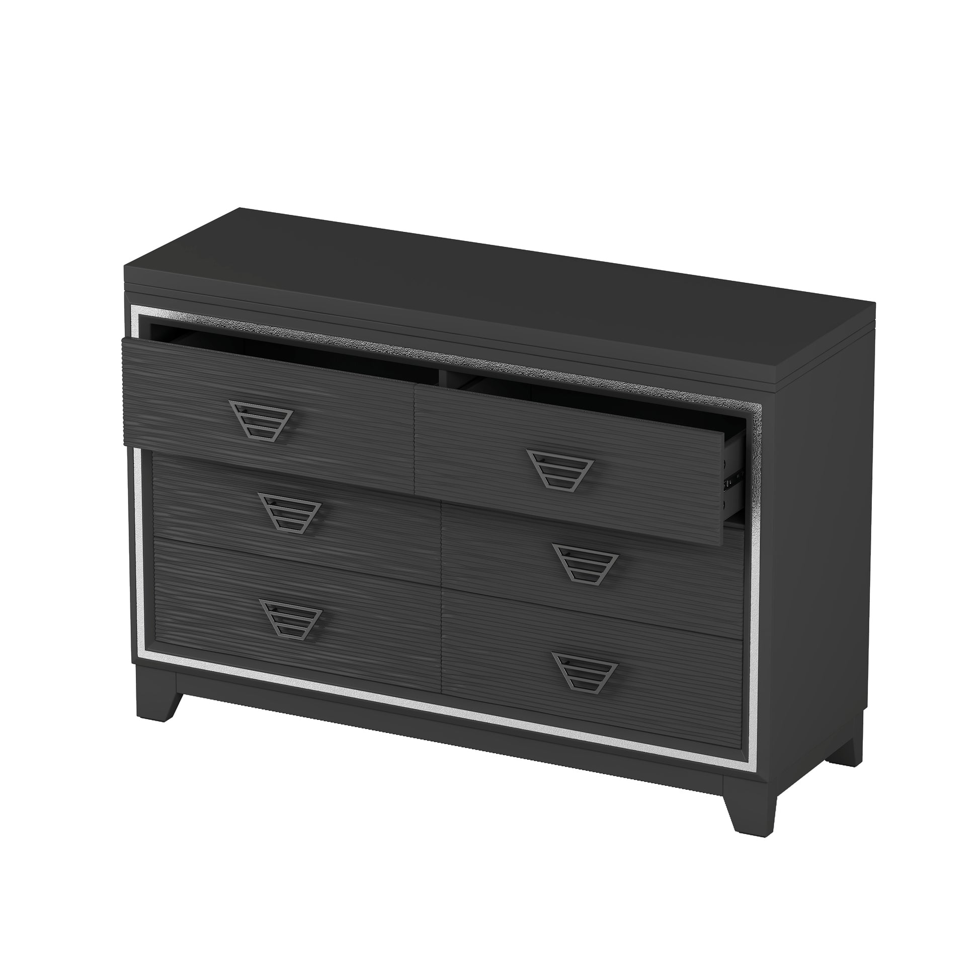 Elegant Dresser With Metal Handle And Sparkling Shiny Decoration, Storage Cabinet With 6 Drawers For Bedroom, Living Room, Black Black Mdf