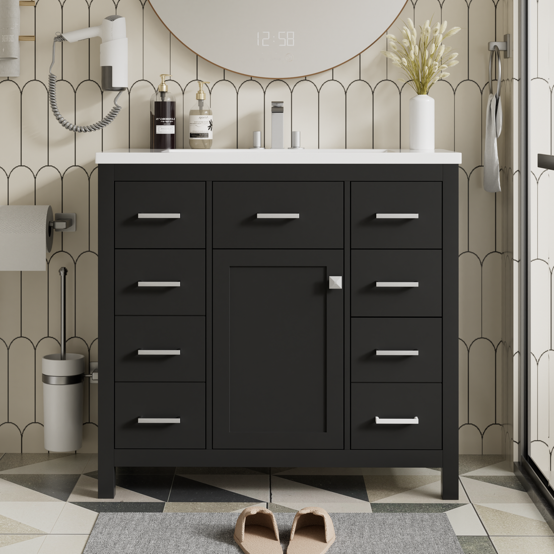 36 Inch Modern Bathroom Vanity Cabinet With Multifunctional Storage Space 5 Drawers And 1 Door Black Bathroom Solid Wood Mdf Resin