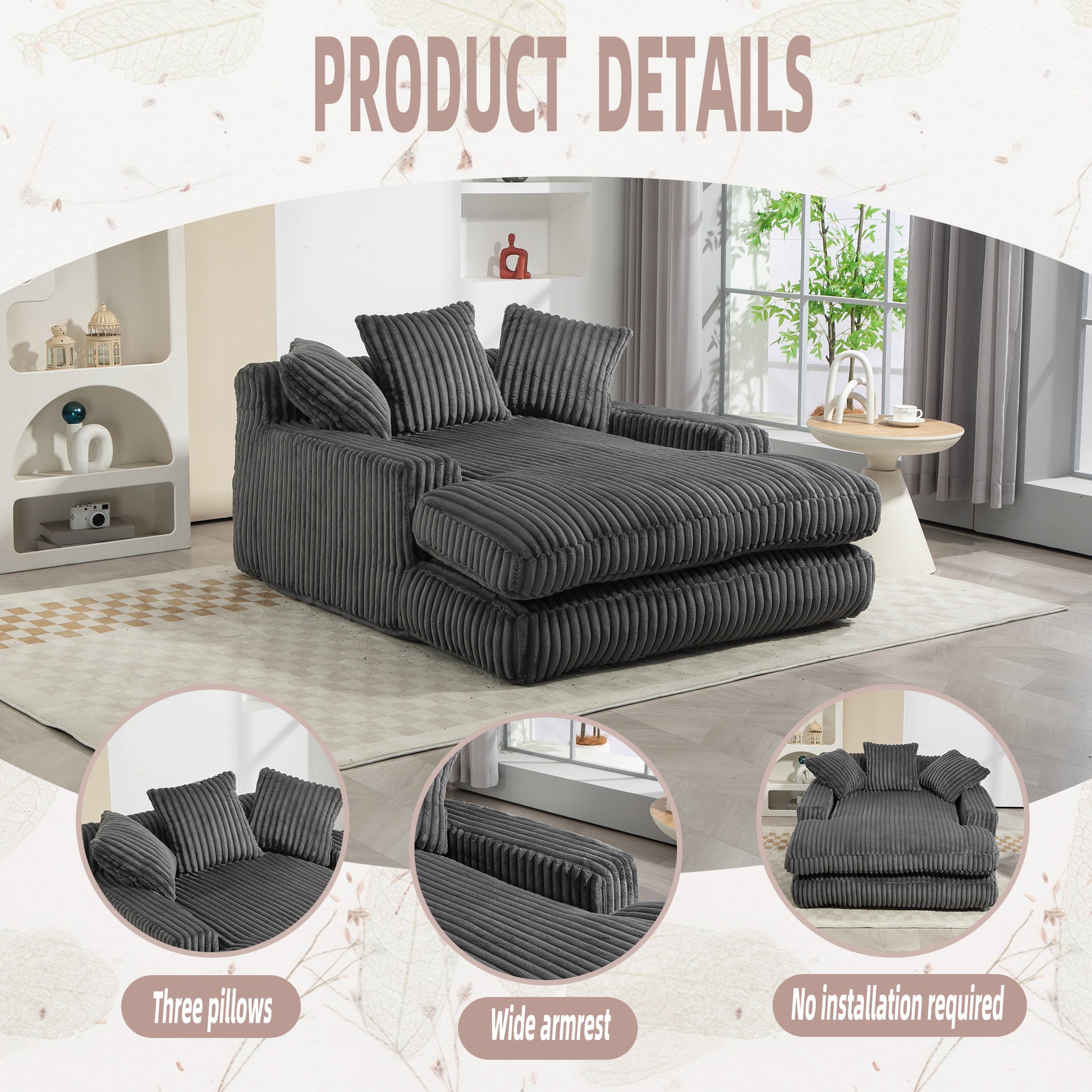 Coolmore Corduroy Lazy Sofa With 3 Back Pillows,Comfy Sofa Deep Seat Couch For Living Room,Club Dark Gray Dark Gray Primary Living Space Foam Corduroy 1 Seat