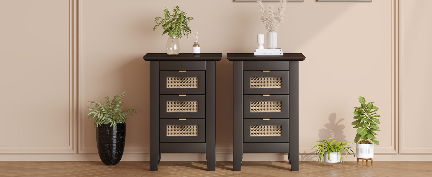 Wooden Nightstands Set Of 2 With Rattan Woven Surfaces And Three Drawers, Exquisite Elegance With Natural Storage Solutions For Bedroom, Black Black Particle Board