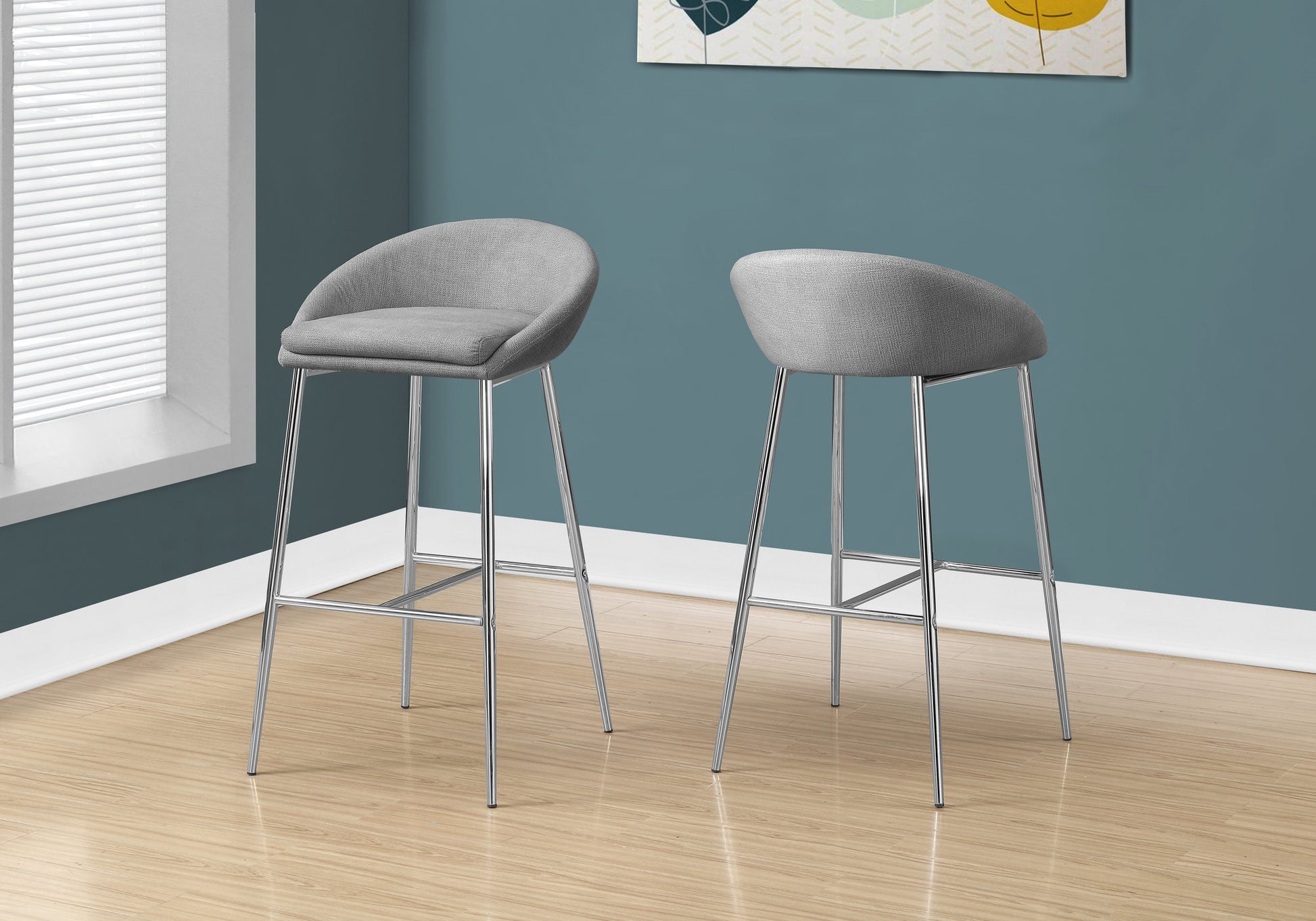 Bar Stool, Set Of 2, Bar Height, Chrome Metal, Grey Fabric, Contemporary, Modern Grey Foam Polyester