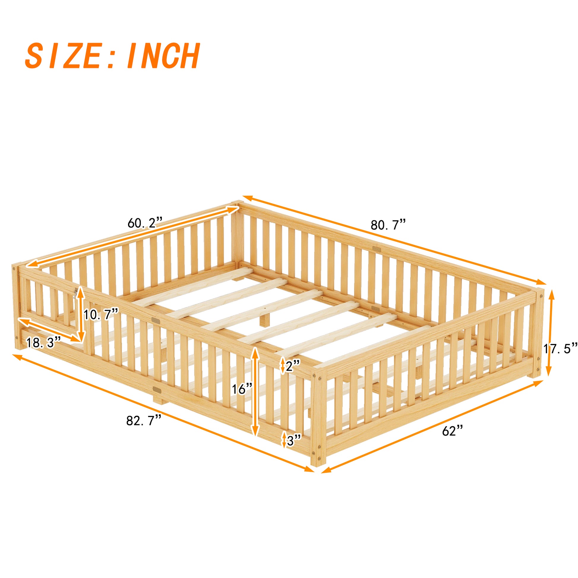 Queen Size Bed Floor Bed With Safety Guardrails And Door For Kids, Natural Expect Arrival Date 2024.7.26 , Old Sku W158090701 Queen Natural Pine